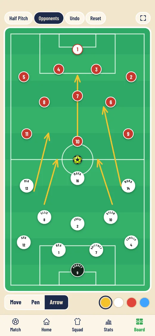 Tactics board with our players, the opponent's players and drawing tools.